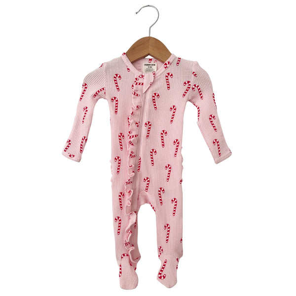Waffle Zip Ruffle Footie Romper | Pink Candy Cane - PREORDER