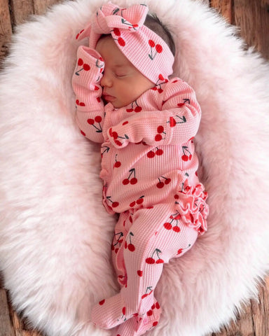 Waffle Zip Ruffle Footie Romper | Pink Cherries - PREORDER