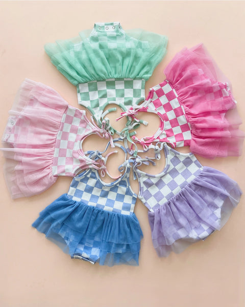 Checkered Tutu Romper | Mint - PREORDER