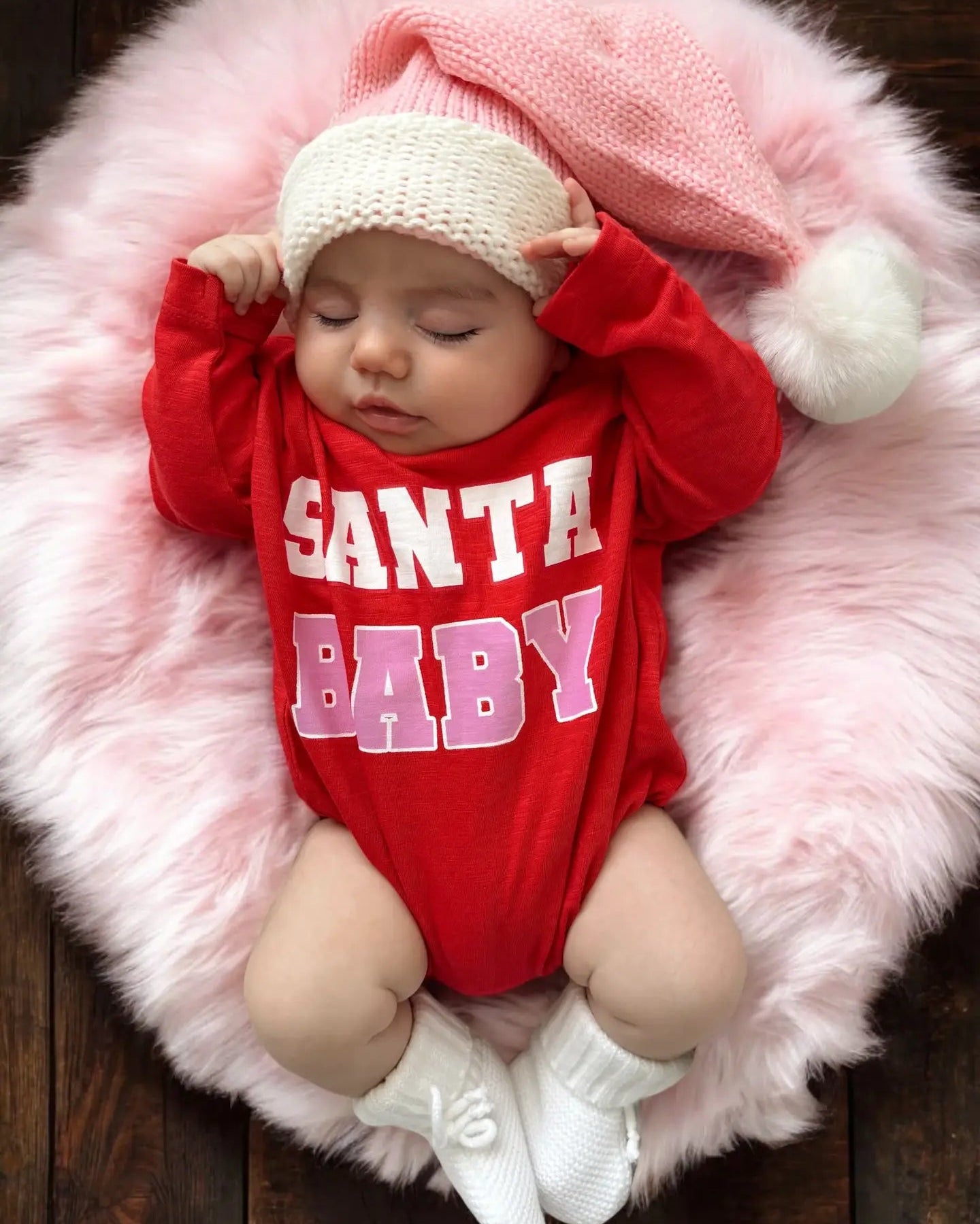 Long Sleeve Bubble Romper | Red & Pink Santa Baby - PREORDER