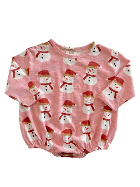 Long Sleeve Bubble Romper | Pink Snowman - PREORDER