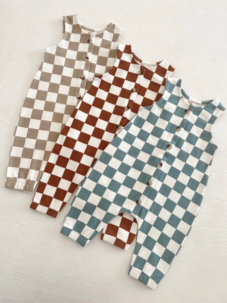 Tank Button Pants Romper | Blueberry Muffin Checkerboard - PREORDER
