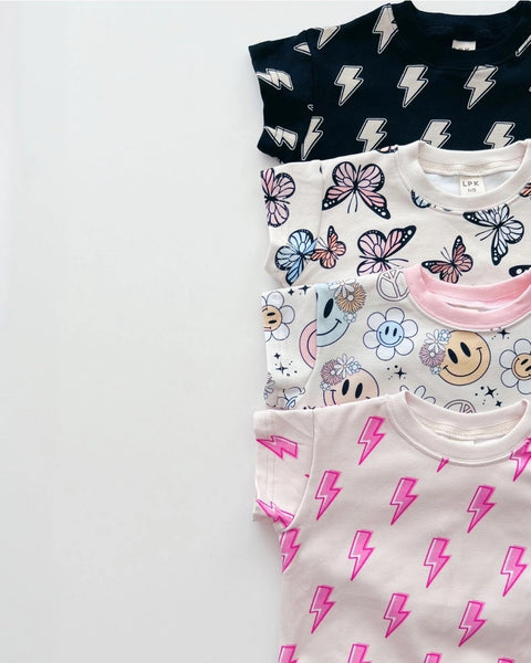 Short Sleeve Bubble Romper | Black Bolts - PREORDER