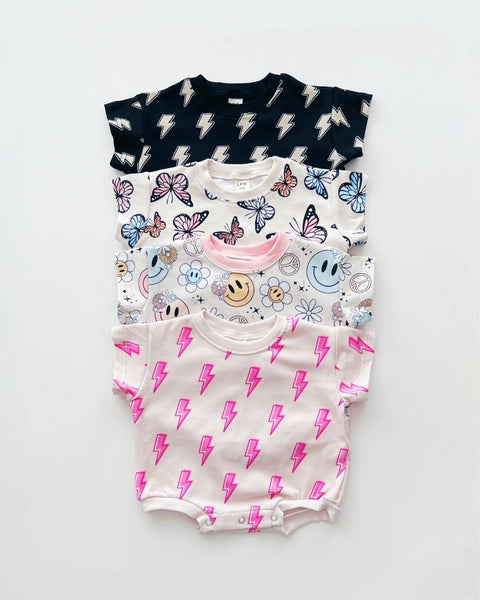 Short Sleeve Bubble Romper | Pink Bolts - PREORDER