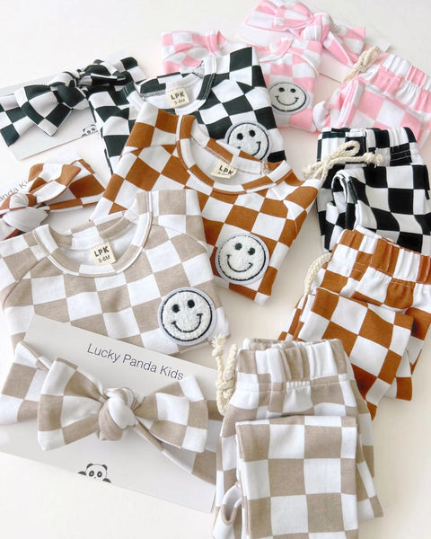 Checkered Smiley Top & Pants Set | Pink - PREORDER