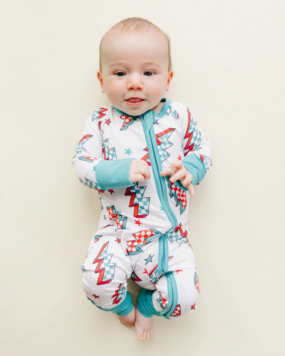 Bamboo Zip Romper | Checkered Bolts - PREORDER