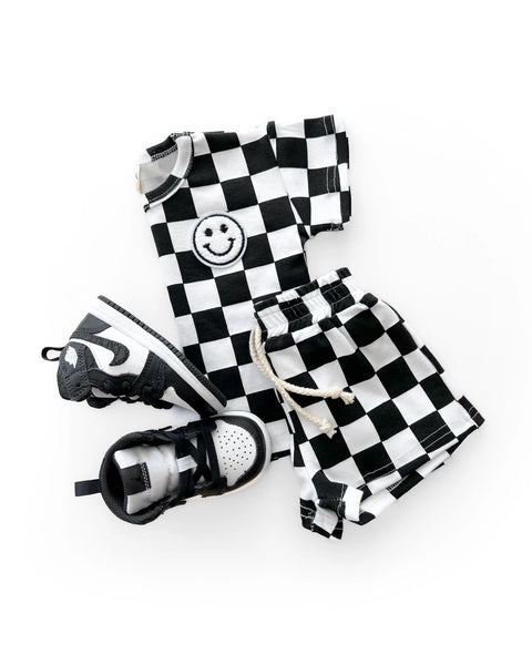 Checkered Smiley Top & Shorts Set | Black - PREORDER
