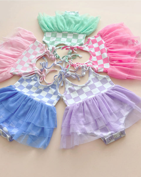 Checkered Tutu Romper | Bubblegum - PREORDER