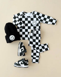 Checkered Smiley Top & Pants Set | Black - PREORDER