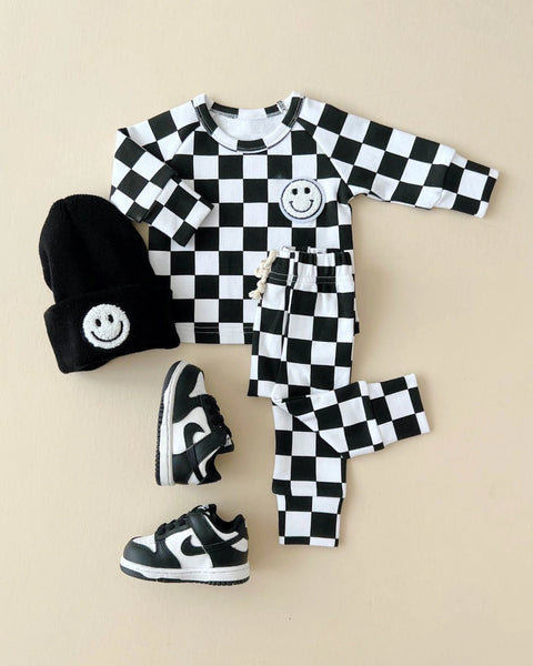 Checkered Smiley Top & Pants Set | Black - PREORDER