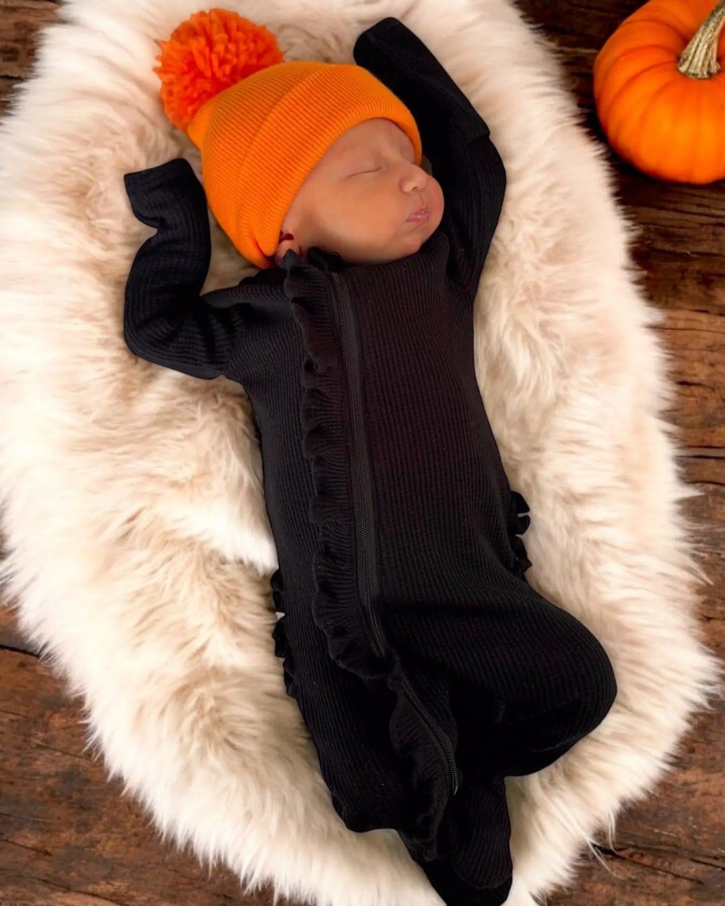 Waffle Zip Ruffle Footie Romper | Black - PREORDER