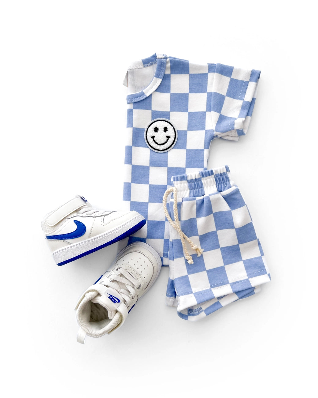 Checkered Smiley Top & Shorts Set | Blue - PREORDER