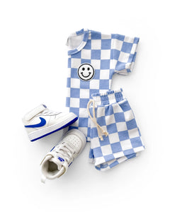 Checkered Smiley Top & Shorts Set | Blue - PREORDER