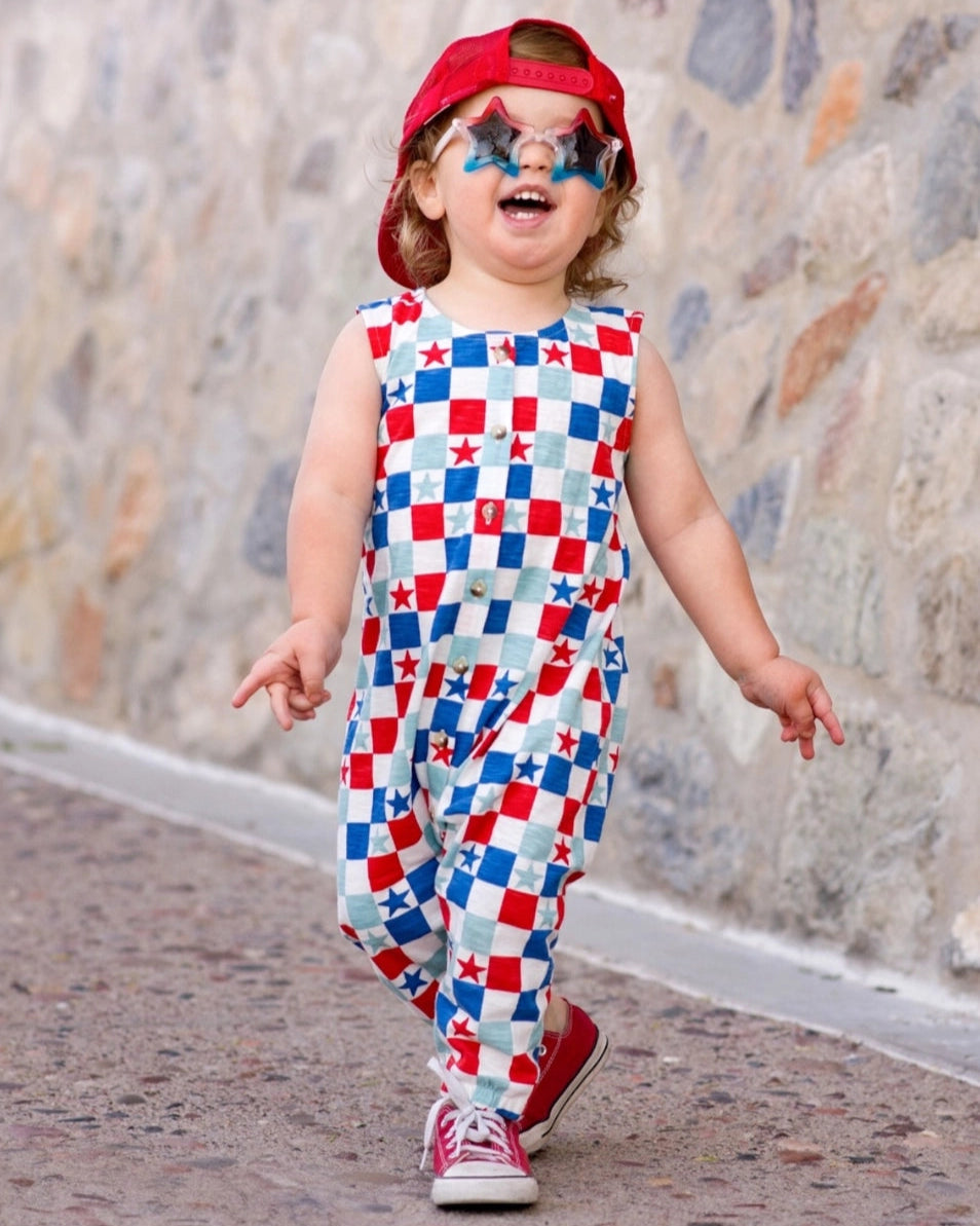 Tank Button Pants Romper | Pink USA Checkerboard & Stars - PREORDER