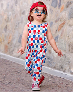 Tank Button Pants Romper | Pink USA Checkerboard & Stars - PREORDER