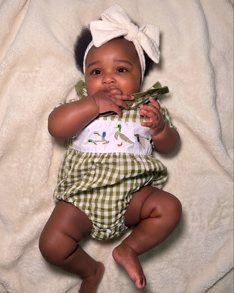 Embroidered Smocked Collar Romper | Ducks Gingham - PREORDER