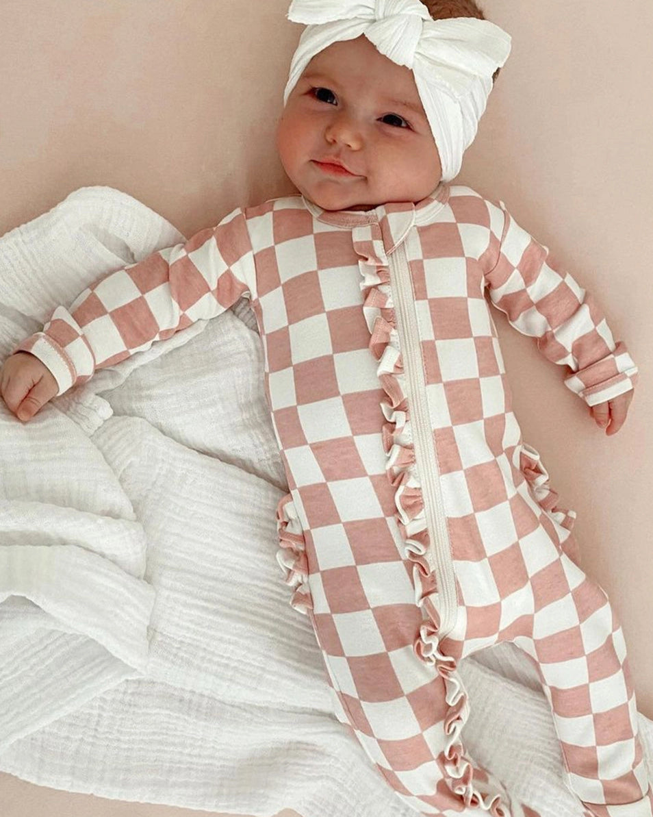 Zip Ruffle Footie Romper | Strawberry Shortcake Checkerboard - PREORDER