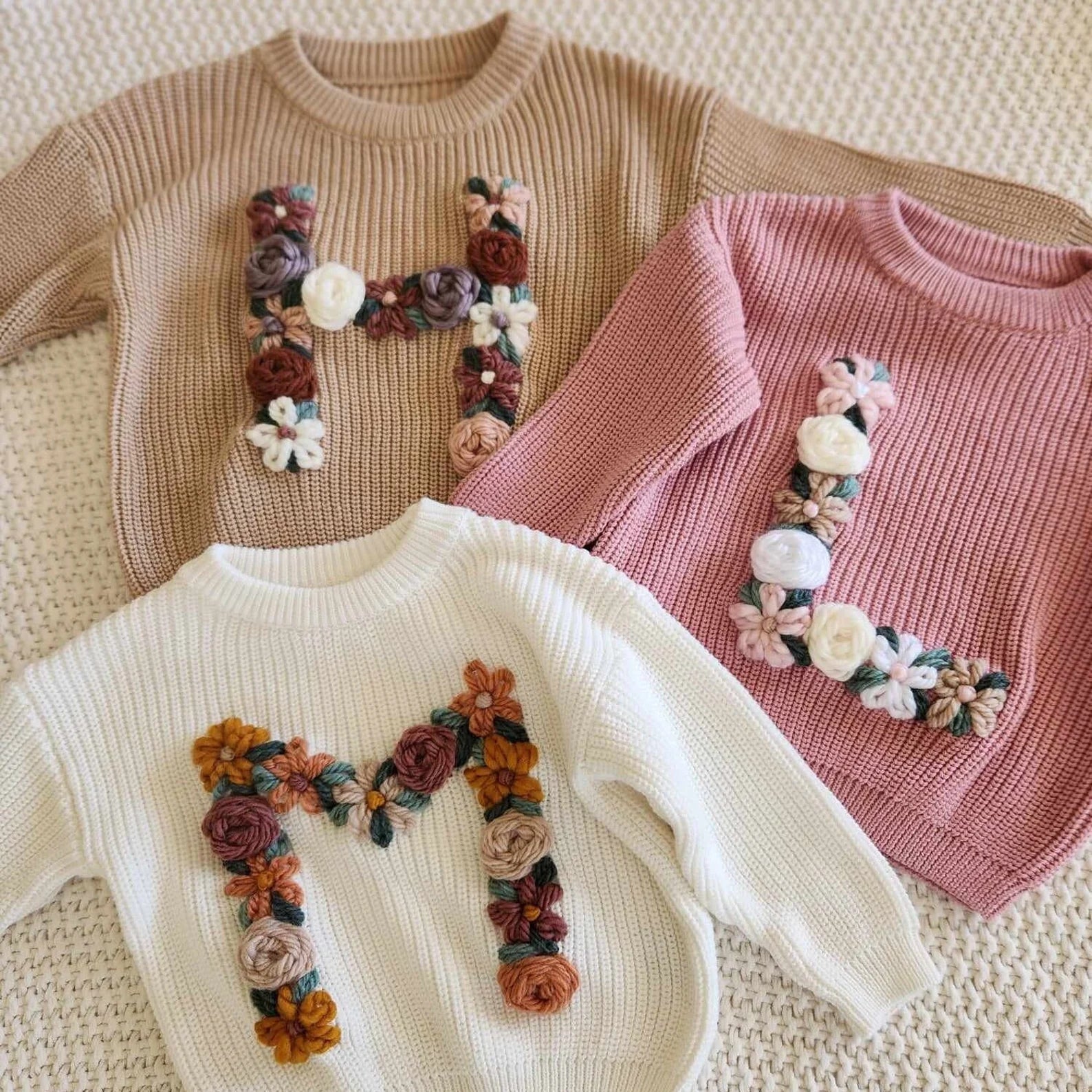 Yarn *CUSTOM* Floral Initial Solid Knit Sweaters (15 Sweater Colors, 60 Yarn Colors)