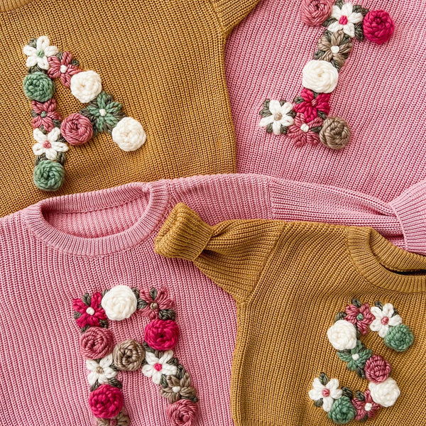 Yarn *CUSTOM* Floral Initial Solid Knit Sweaters (15 Sweater Colors, 60 Yarn Colors)