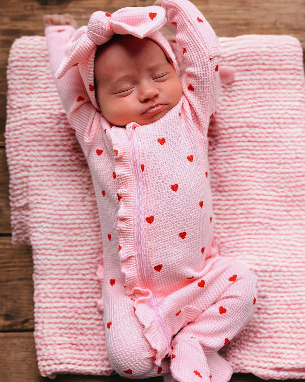 Waffle Zip Ruffle Footie Romper | Little Red Heart - PREORDER