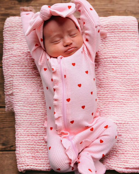 Waffle Zip Ruffle Footie Romper | Little Red Heart - PREORDER