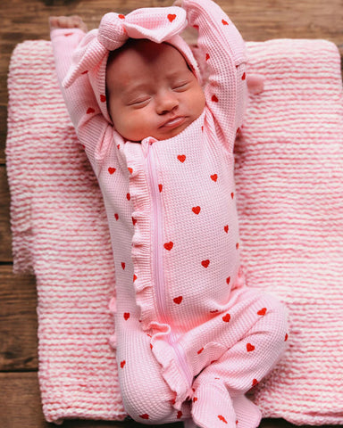 Waffle Zip Ruffle Footie Romper | Little Red Heart - PREORDER