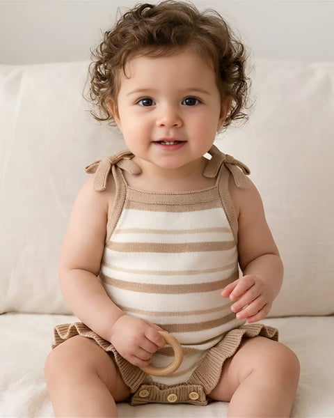 Knit Tank Sweater Ruffle Romper | Brown Stripe - PREORDER