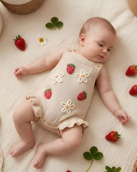 Knit Tank Sweater Ruffle Romper | Beige Strawberry & Daisy - PREORDER