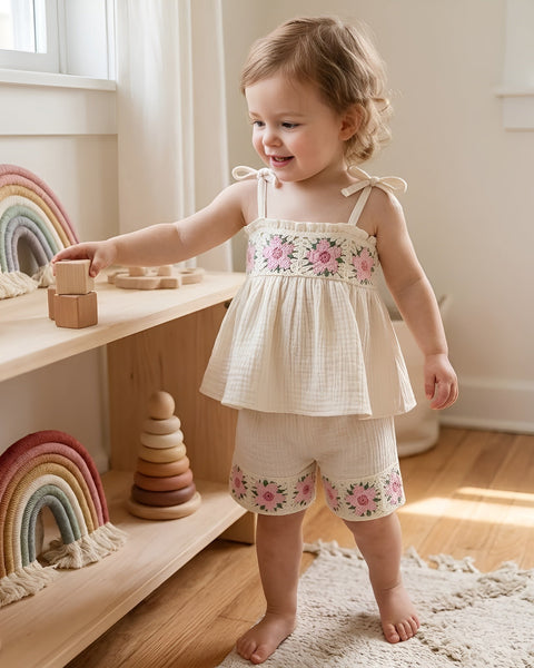 Muslin Tank & Shorts Set | Beige Floral Lace - PREORDER