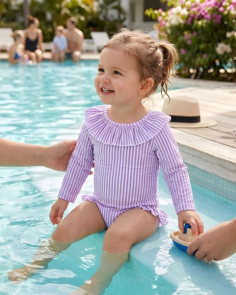 Smocked Long Sleeve Swimsuit | Purple Stripe - PREORDER