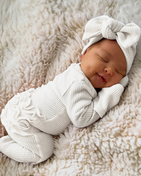 Waffle Zip Ruffle Footie Romper | Lucent White - PREORDER