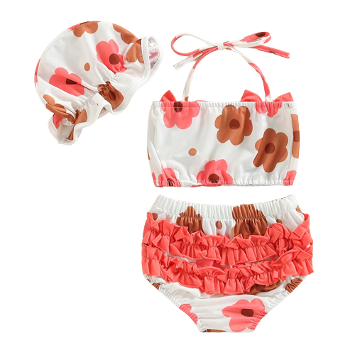 Brown & Pink Ruffle Swimsuit & Hat - PREORDER