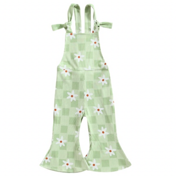 Pastel Green Checkered Daisies Ribbed Bells Romper - PREORDER